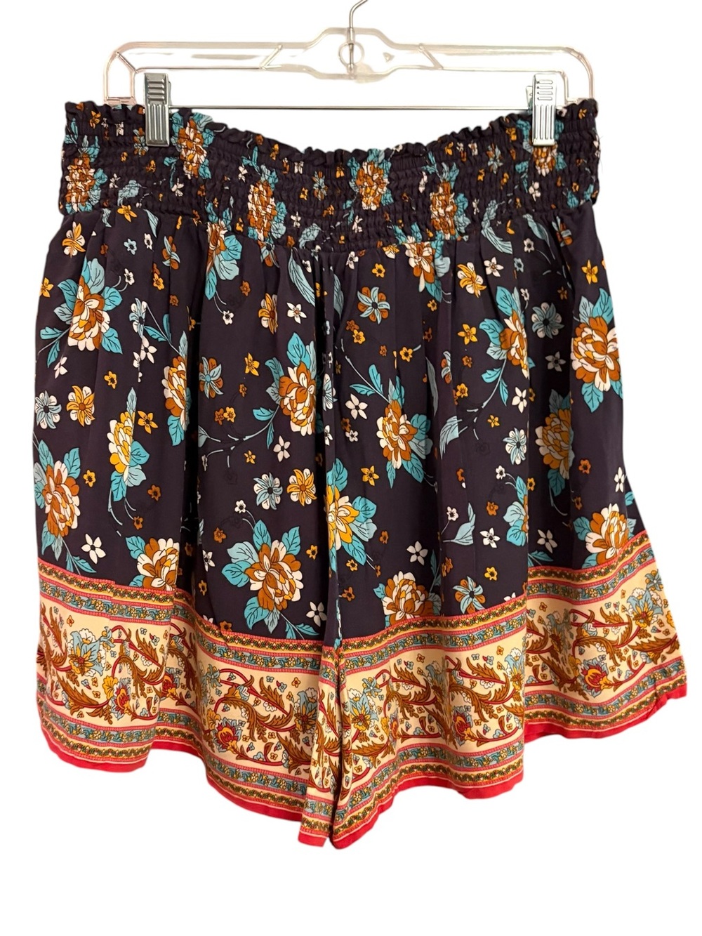 New York & Company Black Floral High-Waist Smocked Shorts with Teal/ Gold sz XXL